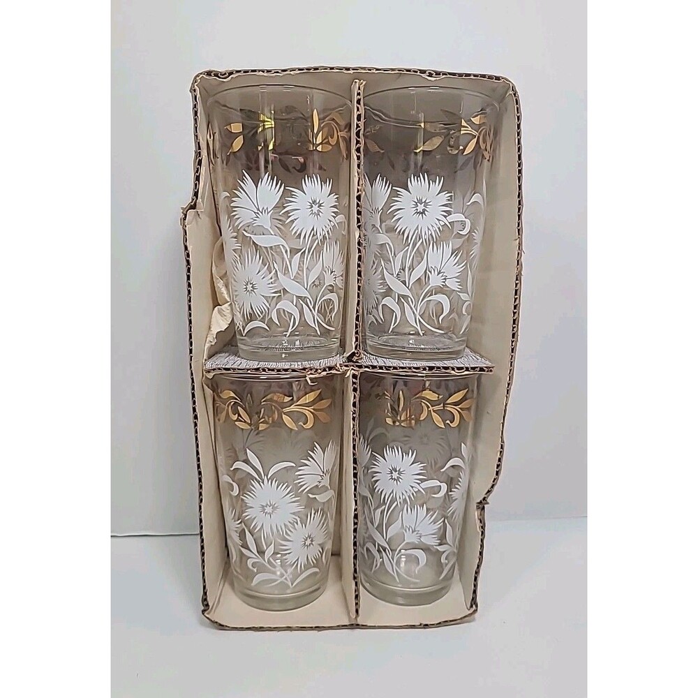 4 Vintage Hazel Atlas WHITE ASTER Gold Trim Glasses Cocktail Low Ball W/Box